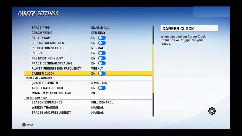 madden 20 screenshot za postavke sata karijere