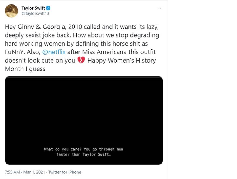 Taylor Swift prozvala je emisiju Ginny & Georgia i Netflix zbog seksističkog komentara kojeg je dao jedan lik u seriji.
