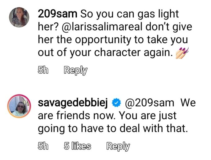Debbie johnson uzvratila je trolu na Instagramu koji je doveo u pitanje njezino prijateljstvo s Larissom Limom
