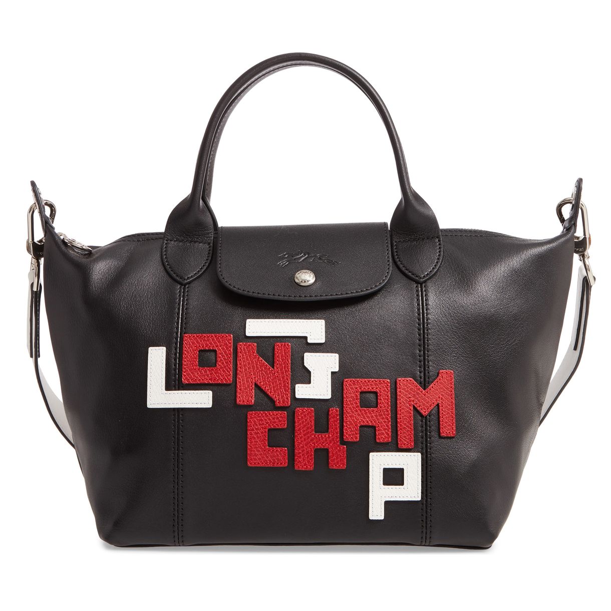 Longchamp Small Le Pliage Logo lederen draagtas in zwart