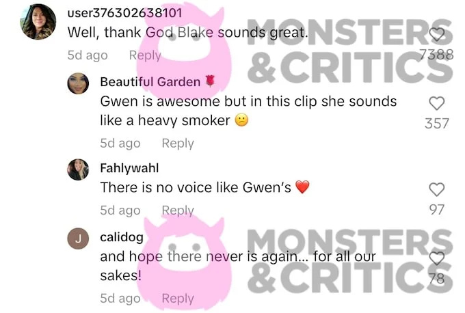   captura de tela dos comentários do tiktok chamando a voz de Gwen com Blake Shelton na música