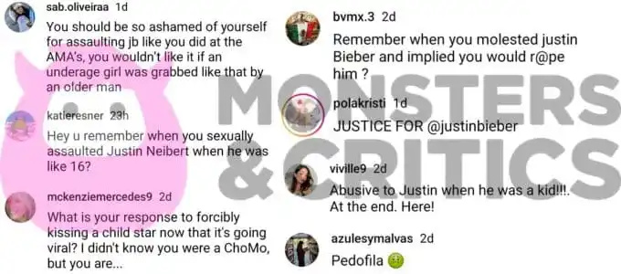   Jenny McCarthy's critics commented about her touching justin bieber during the 2013 AMAs on instagram