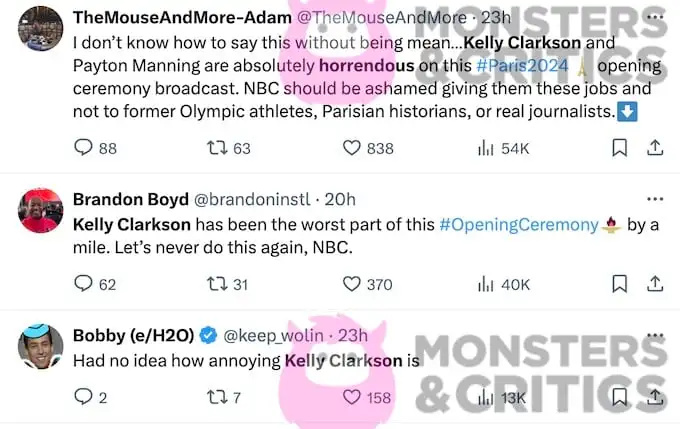   captura de tela do Twitter mostra reações dos espectadores a Clarkson na cerimônia de abertura