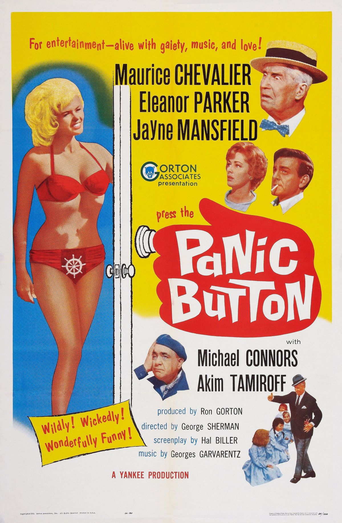 gumb za paniku, poster, umjetnost plakata, lijevo Jayne Mansfield, zdesna s vrha Maurice Chevalier, Eleanor Parker, Michael Connors, Akim Tamiroff, Maurice Chevalier, 1964. fotografija lmpc via getty images