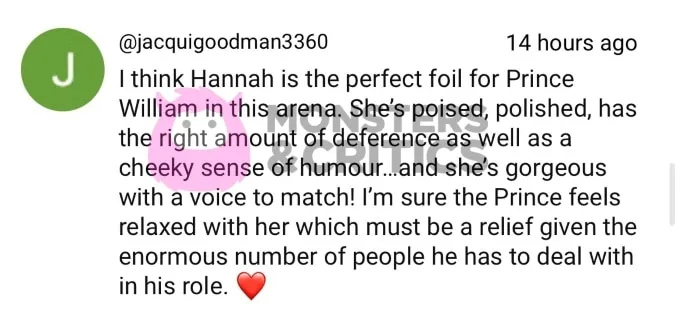 Jedan obožavatelj komentirao je Hannah Waddingham's involvement with Prince William
