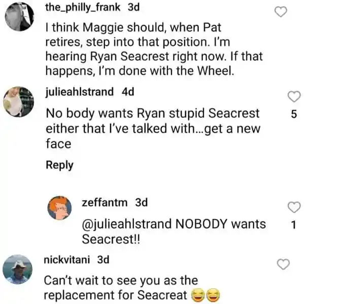   Widzowie koła fortuny komentują na Instagramie Ryana Seacresta
