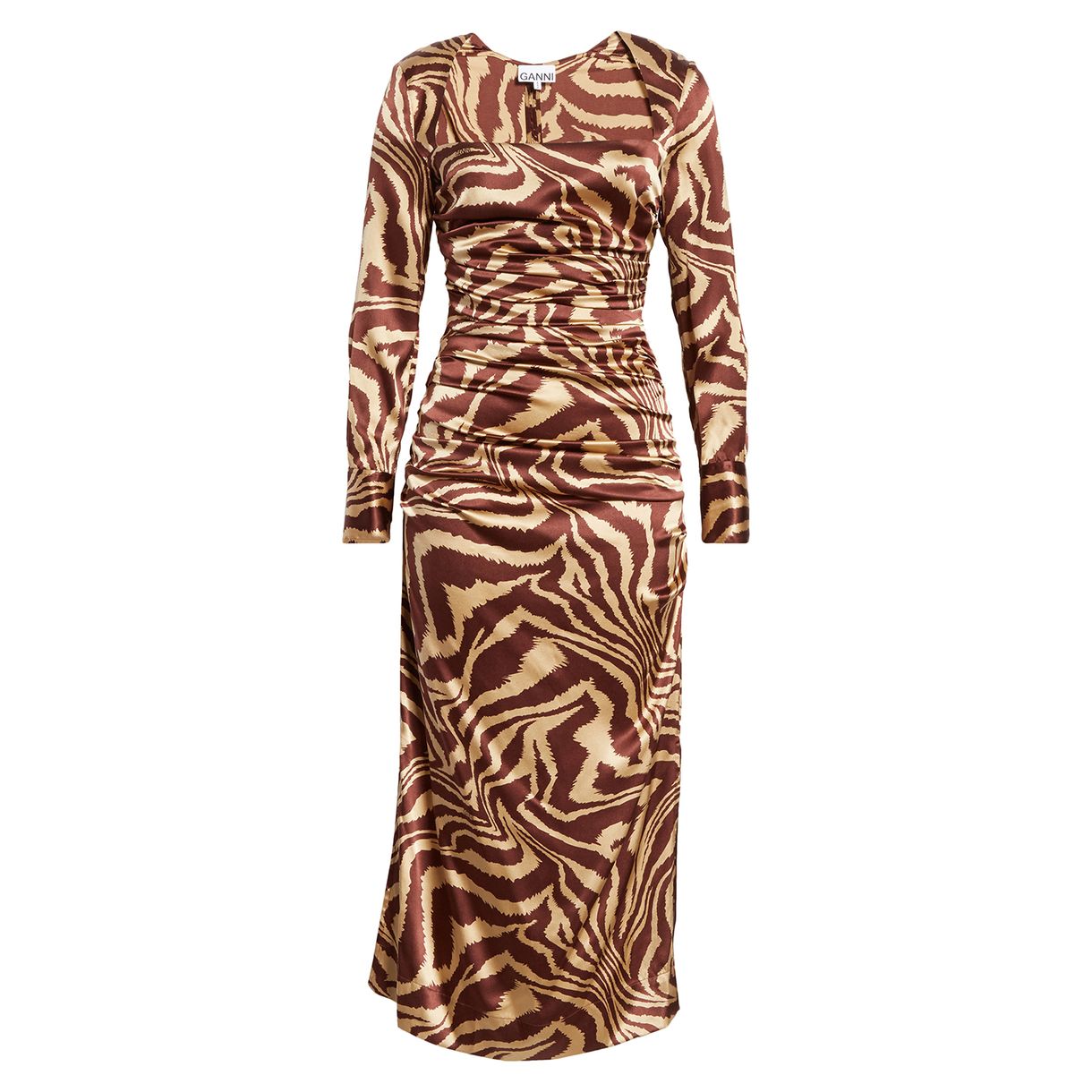 Ganni Tiger Stripe Stretch Silk Långärmad Silk Midi Dress