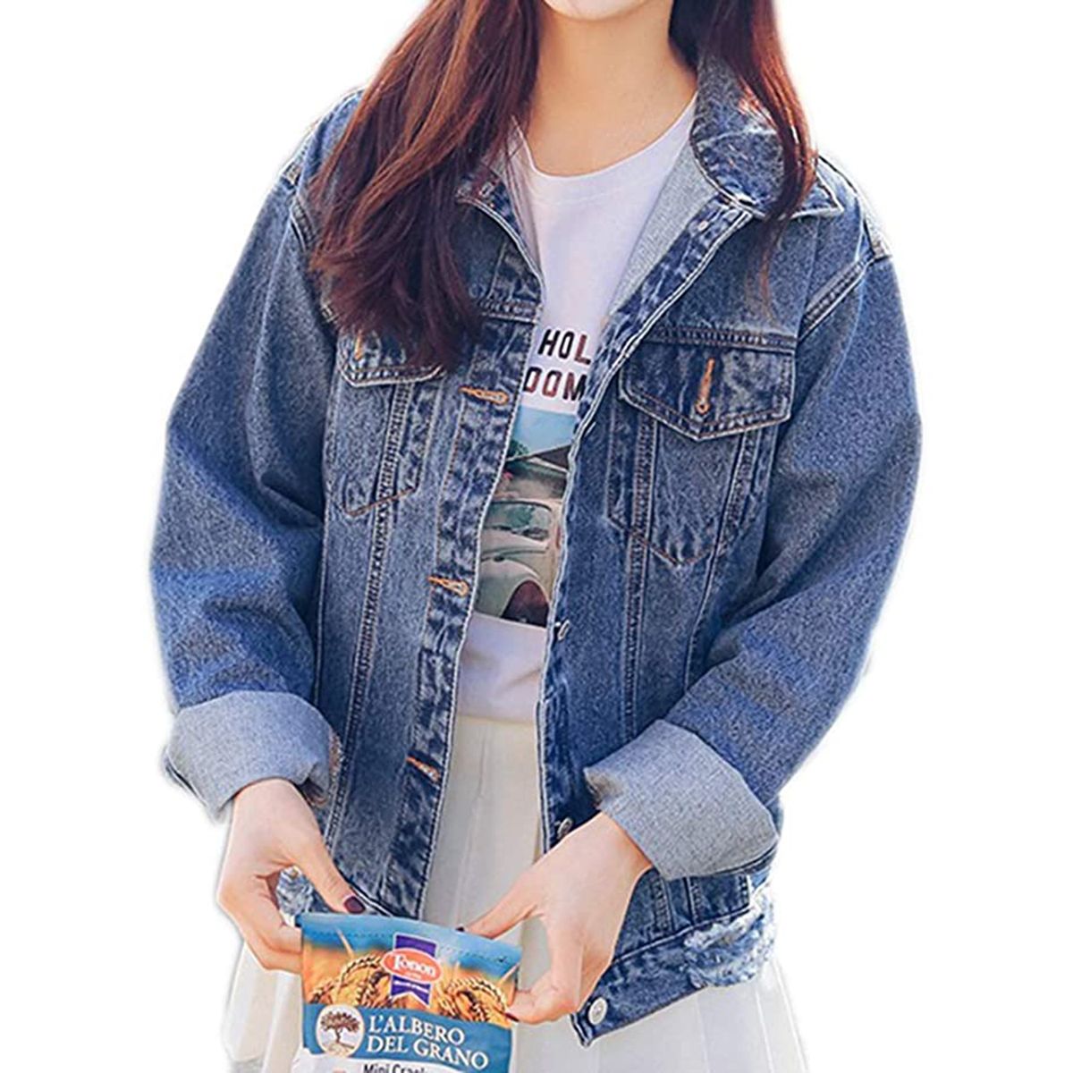 Saukiee Oversized Denim Jacket Distressed Boyfriend Jean Coat