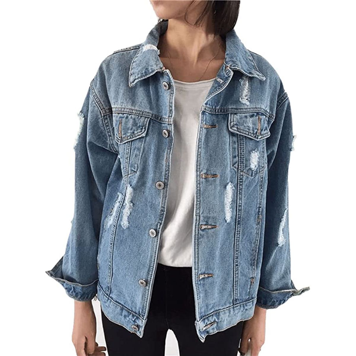 Saukiee Oversized Denim Jacket Distressed Boyfriend Jean Coat