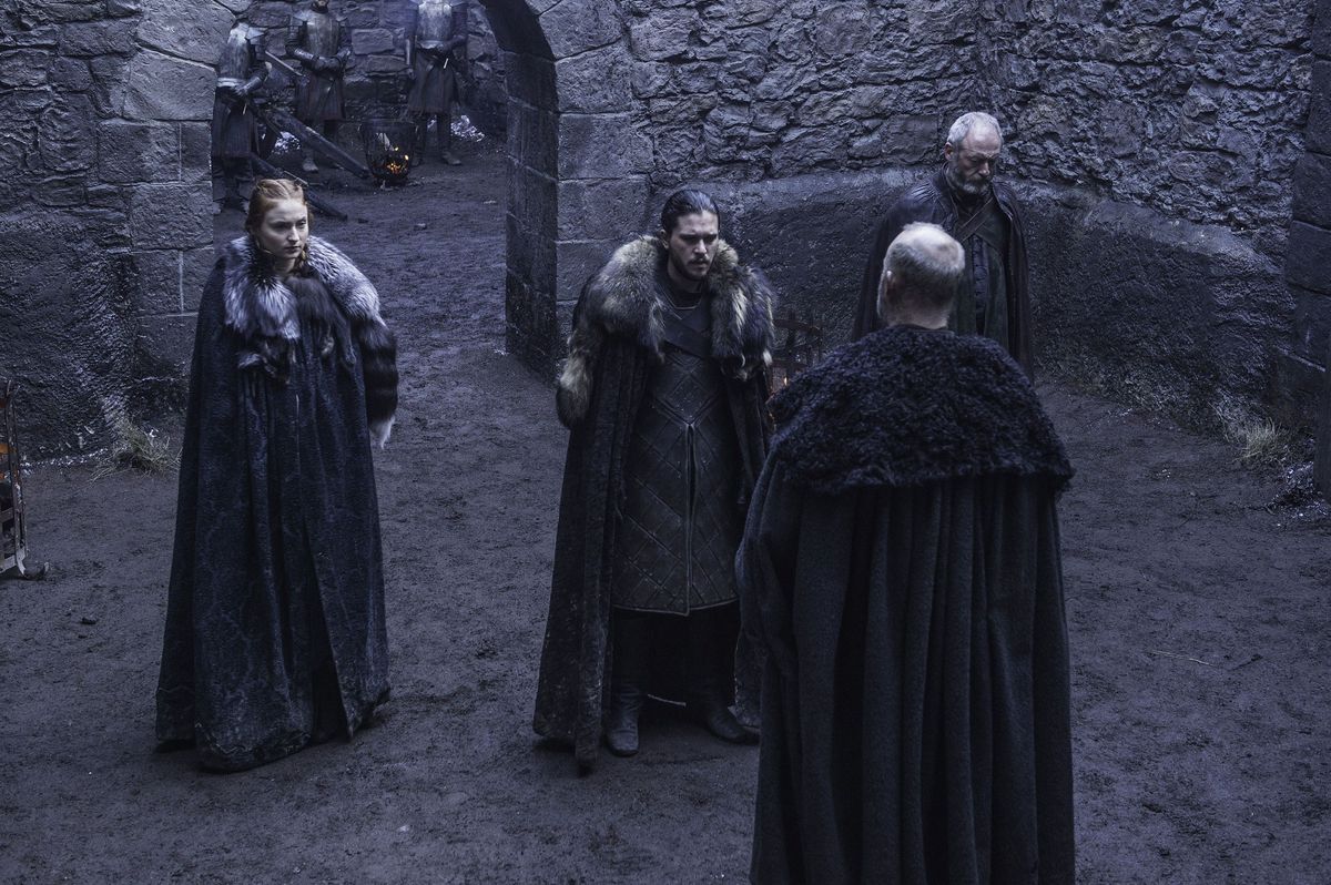 Sansa, Jon i Davos w Game of Thrones