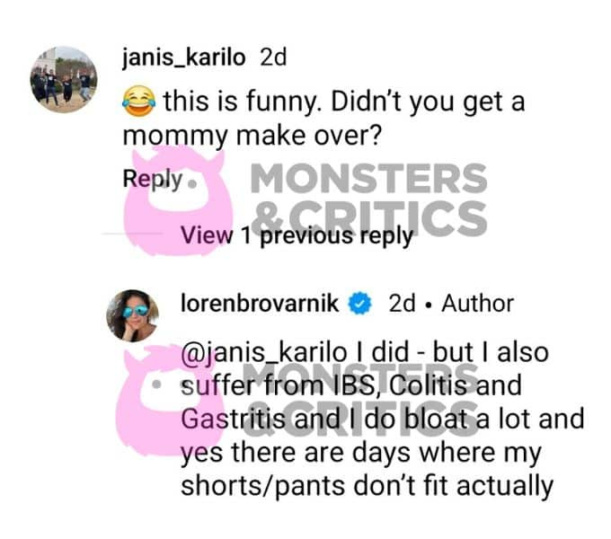   Loren Brovarnik responde a um seguidor do Instagram's comment
