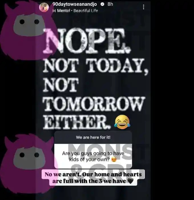   joanne e sean discutem a história do noivo de 90 dias em sua história no Instagram