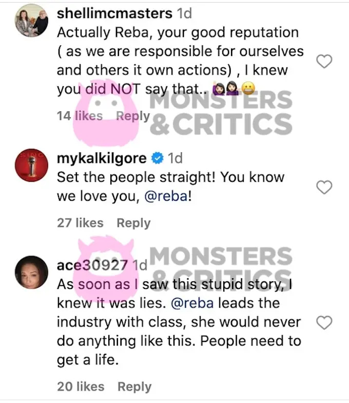   Reba Mccentire Instagram 帖子中关于假泰勒·斯威夫特新闻的评论截图