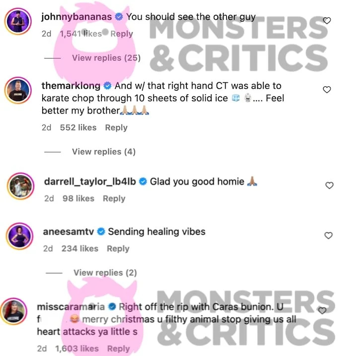 Screenshot di Instagram dei compagni di cast della sfida ct che commentano il suo incidente