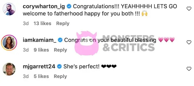snimka zaslona dok syrusovi prijatelji reagiraju na novosti o bebi na instagramu