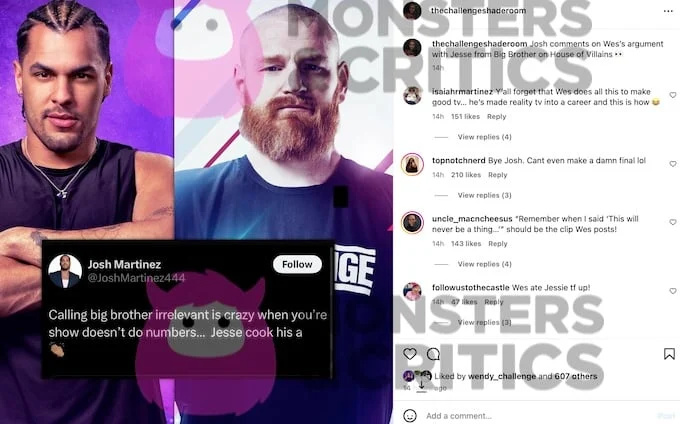   Josh Martinez erwähnt Wes gegenüber Big Brother Star in einem Instagram-Screenshot-Kommentar