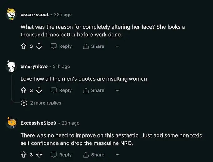   Reddit 评论者提到安吉丽娜·皮瓦尼克与复古照片相比外观变化的屏幕截图