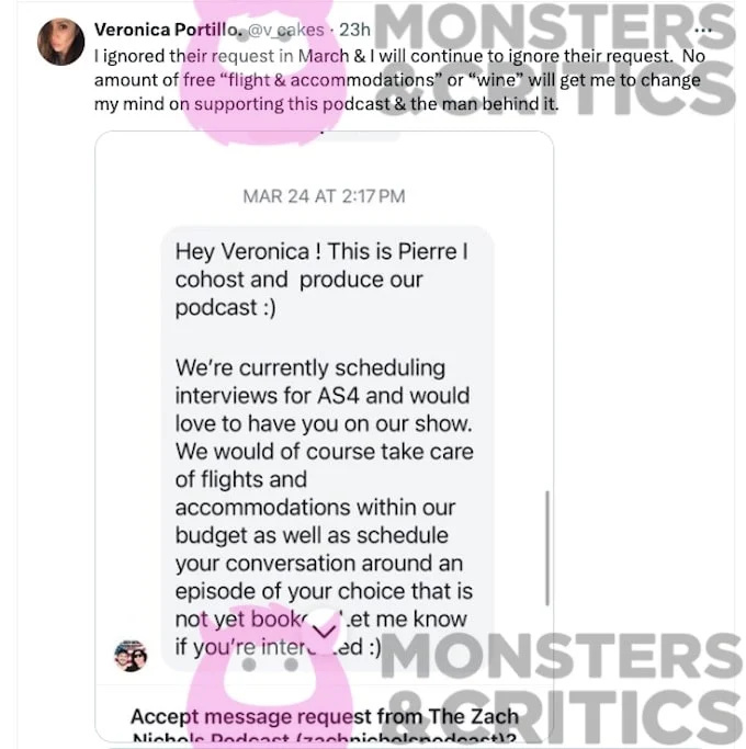   Captura de tela da mensagem do podcast de Zach Nichols que Veronica retweetou no Twitter
