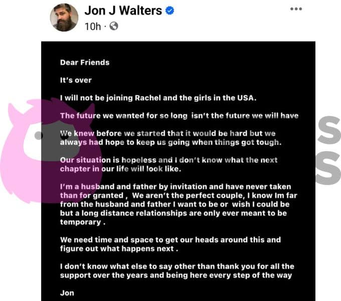   jon walters's facebook post announcing his and rachel bear's split