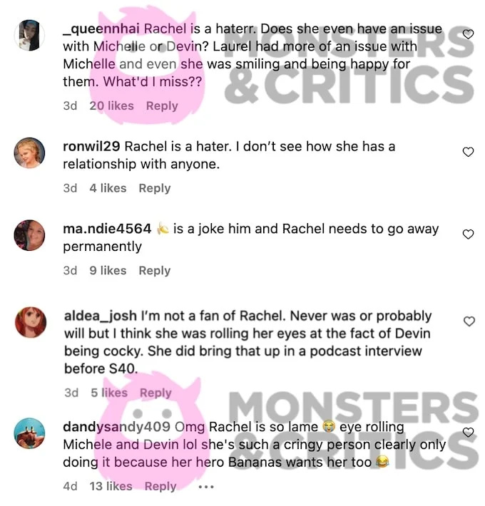   captura de tela dos fãs do desafio reagindo a Rachel na reunião