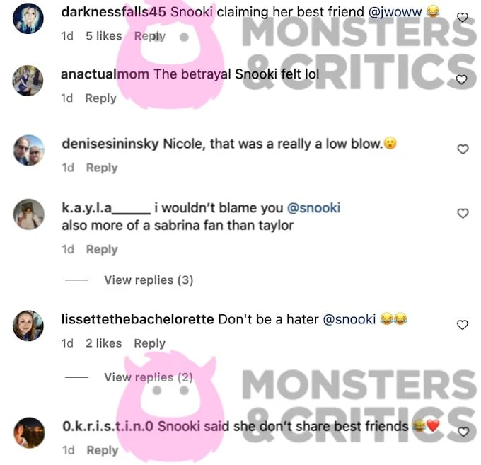 Ekraanipilt fännide kommentaaridest instagramis jwoww ja snooki kohta perepuhkuse kokkutulekul