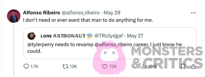 snimka zaslona twittera na kojoj alfonso ribeiro odgovor na tweet slamming tyler perry