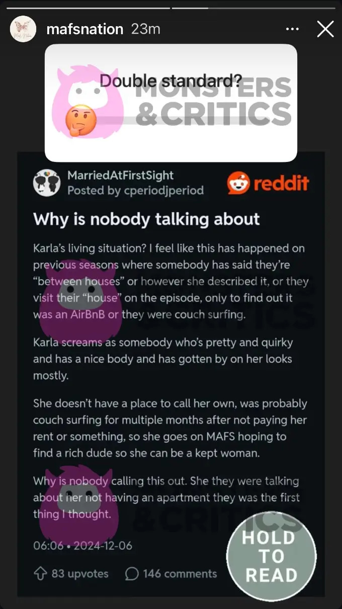   Megjegyzés a Redditen a MAFS sztárjáról, Karláról
