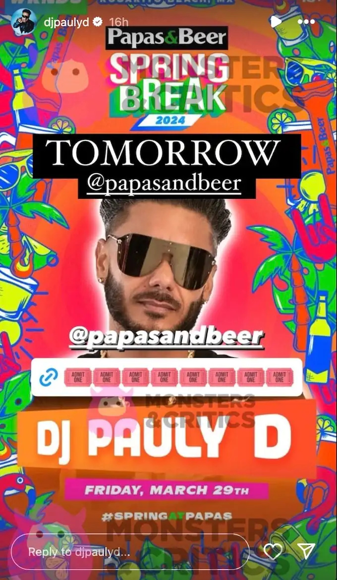لقطة شاشة من قصة Pauly D على Instagram للترويج لحدث Papas and Beer في كاليفورنيا