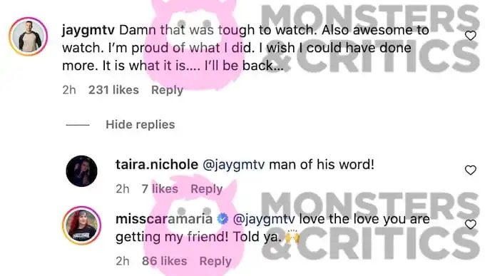 Der Instagram-Screenshot zeigt Kommentare von Jay Mitchell und Cara Maria Sorbello zum Challenge-Videobeitrag