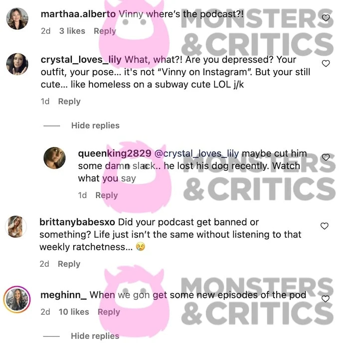 Screenshot di Fan Instagram commenti a Vinny Guadagnino dopo una perdita difficile