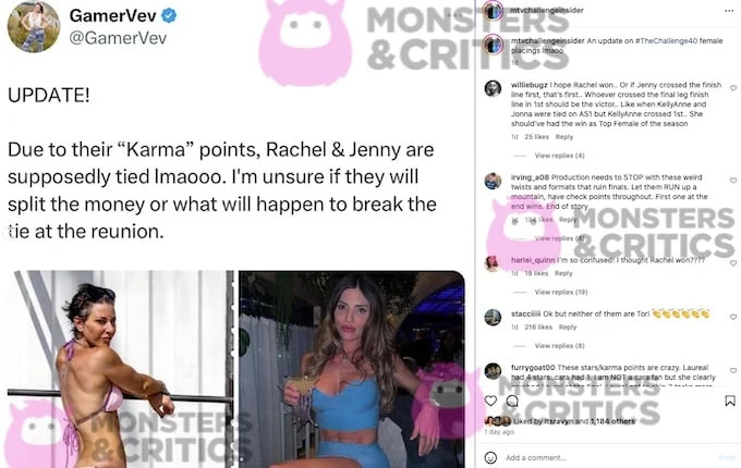   captura de tela do Instagram do mtvchallengeinsider sobre os resultados da temporada 40