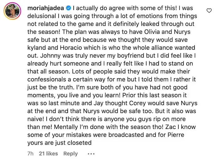   captura de tela do comentário de moriah jadea no videoclipe zachnicholspodcast instagram com comentários de zach sobre ela no desafio 39