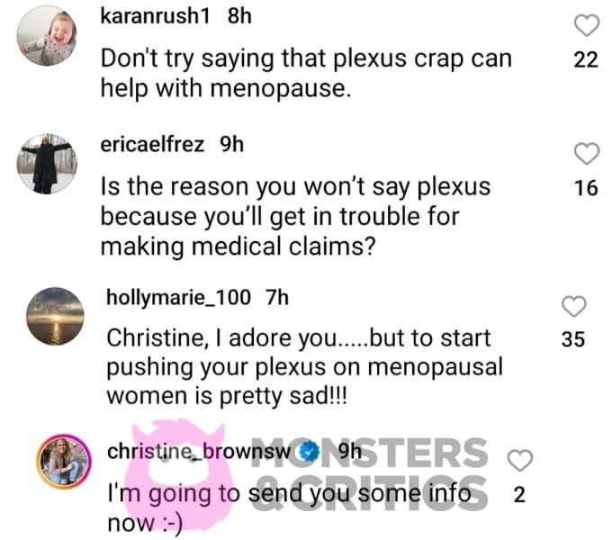 christine smeđa's instagram followers leave comments on her plexus post