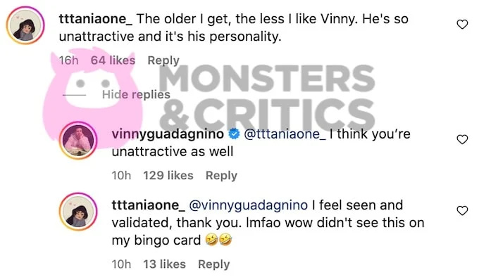 snimka zaslona instagram komentara iz videa jersey shore dok vinny guadagnino uzvraća paljbu komentatoru