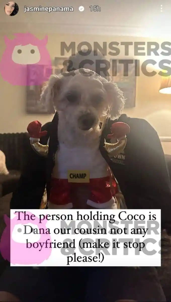  Jasmine Pineda esclareceu quem estava segurando seu cachorro Coco em sua história no Instagram