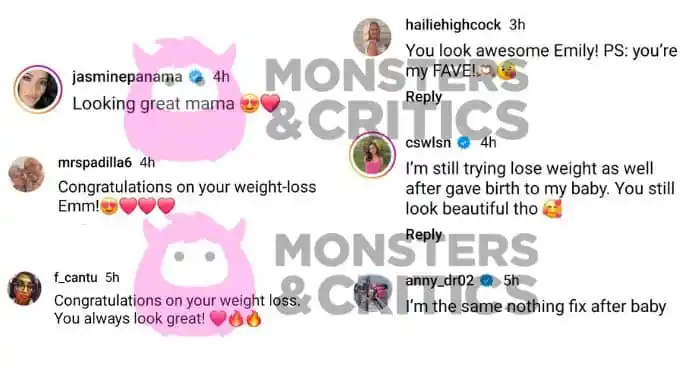   Emily Bieber's instagram followers compliment her weight loss