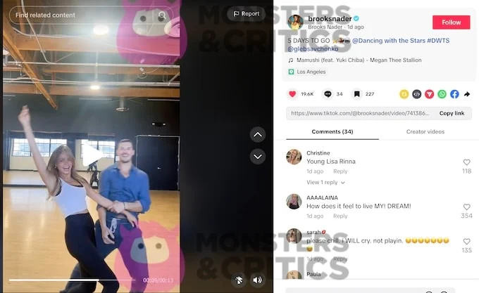   Captura de tela do tiktok do vídeo de Brooks Nader com o parceiro DWTS Gleb Savchenko