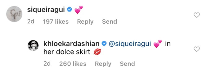   Коментар в Instagram от Gui Siqueira, който гласи"[pink heart emojis]" and a response from Khloe Kardashian that states "[pink heart emoji] in her dolce skirt [lipstick kiss emoji]"