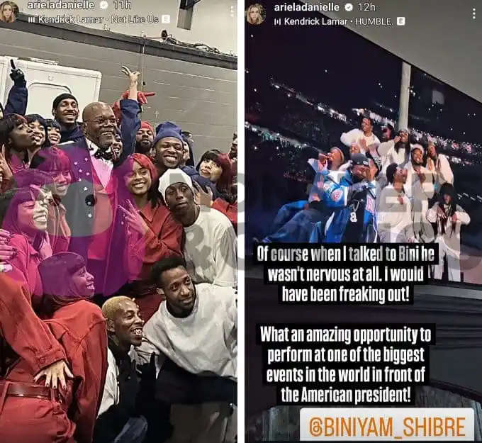   Ariela Weinberg posts sobre Biniyam Shibre's super bowl halftime performance in her instagram story