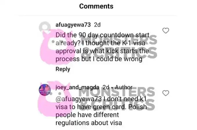   magda szlachta responde a um comentário no Instagram sobre seu status de visto K-1
