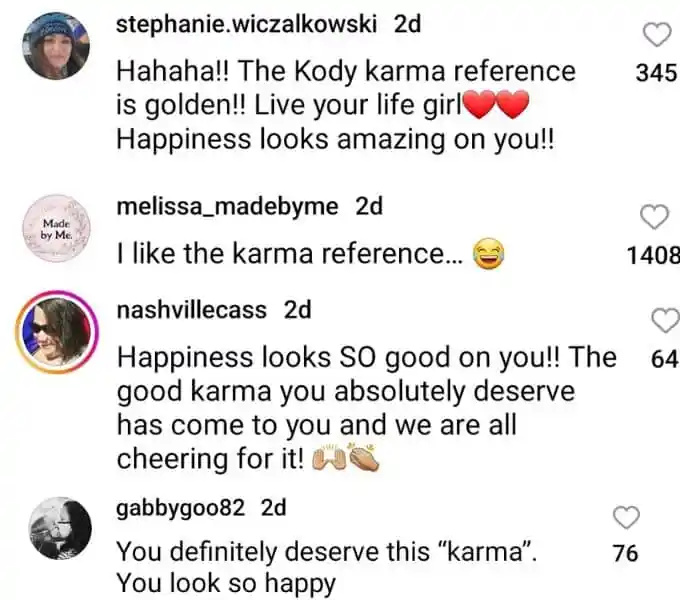   Кристин Браун's instagram followers comment on her karma reference