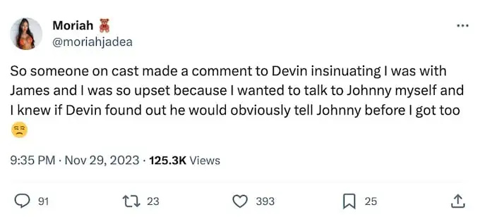   captura de tela do tweet de Moriah Jadea sobre alguém contando a Devin sobre ela e James no desafio 39