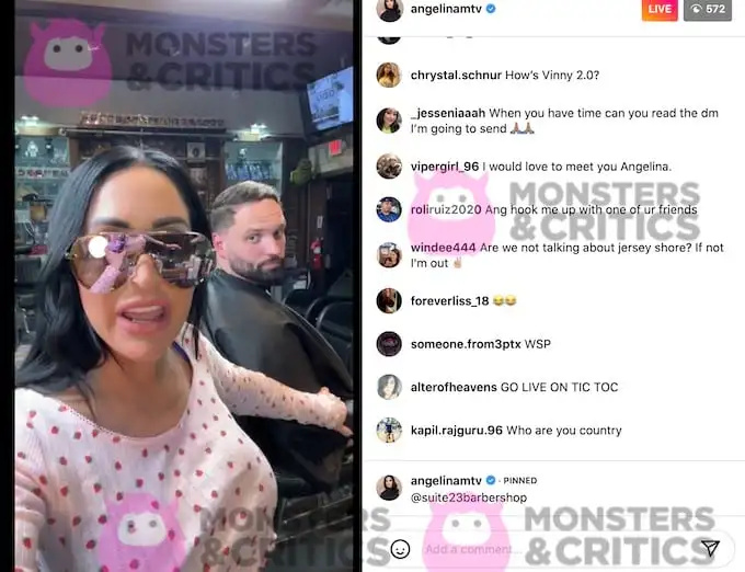 snimka zaslona prikazuje angelinu pivarnick u brijačnici sa zaručnikom tijekom instagram livea