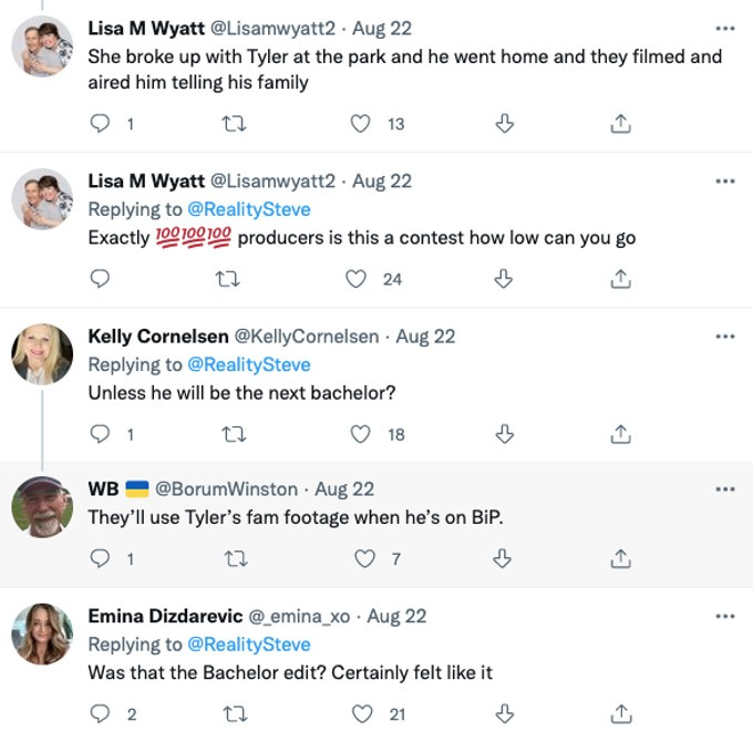   Nekateri oboževalci so mislili, da so to storili, da bi Tylerju dali Bachelor edit ali uporabo na BIP.