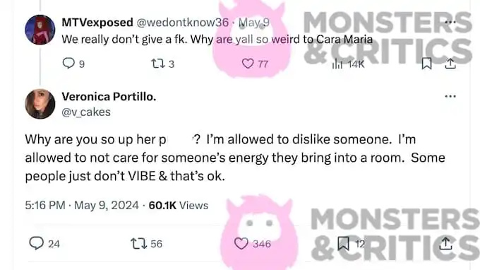 snimka zaslona prikazuje veronikine komentare na Twitteru o Cari na All Stars 4