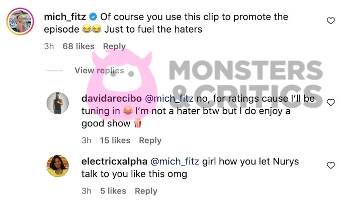 snimka zaslona komentara michele fitzgerald iz objave na instagramu koja prikazuje scenu ponovnog susreta iz sezone 39