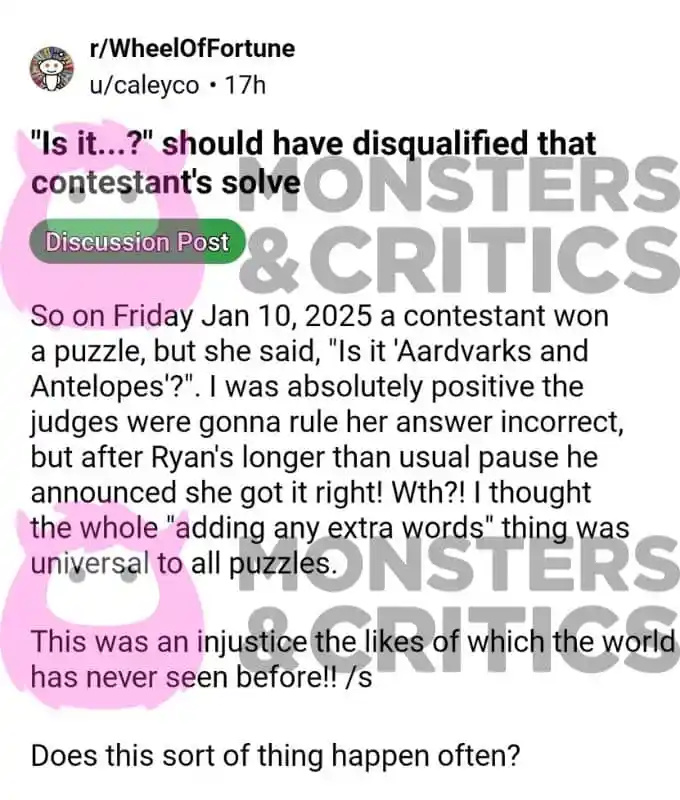   Post dei fan della ruota della fortuna su Reddit su un"injustice"