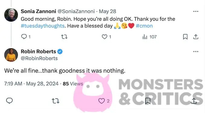 snimka zaslona Robina Robertsa na Twitteru odgovara obožavatelju o nestabilnom trenutku u GMA
