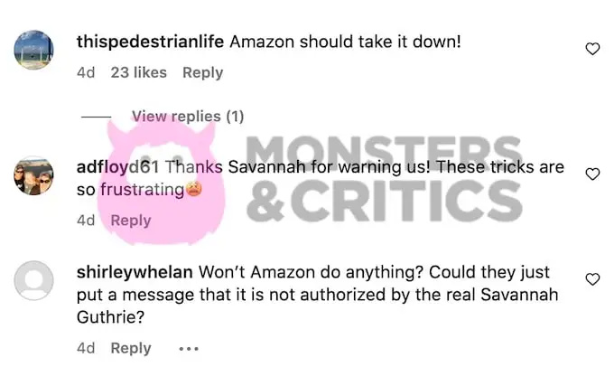 snimka zaslona komentara obožavatelja na instagramu savannah guthrie o prijevarama s knjigama