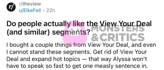   The View'un bir hayranı Fırsatınızı Görüntüleyin segmentleri hakkında sorular soruyor